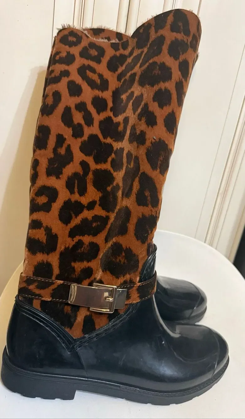 Bamboo Women's Leopard Print Mid-Calf Faux Fur Rain Boots Brown Black Size 8.5